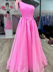 Hot Pink One Shoulder Pleats Feather Prom Dresses