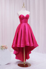 Hot Pink Satin High Low Prom Dresses, Cute Sweetheart Neck Evening Party Dresses