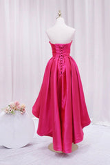 Hot Pink Satin High Low Prom Dresses, Cute Sweetheart Neck Evening Party Dresses