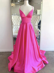 Hot Pink Satin Spaghetti Straps Prom Dresses