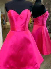 Hot Pink Satin Strapless Homecoming Dresses