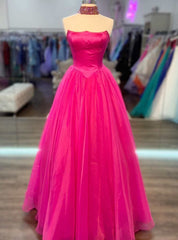 Hot Pink Satin Tulle Strapless Prom Dresses