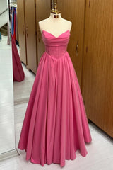 Hot Pink Strapless Lace-Up A-Line Long Formal Dress