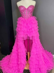 Hot Pink Tulle  Beading Prom Dresses