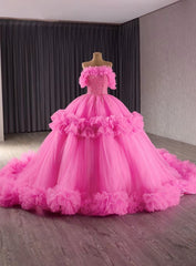 Hot Pink Tulle Off the Shoulder Sequins Prom Dresses