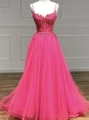 Hot Pink Tulle Spaghetti Straps Appliques Prom Dresses