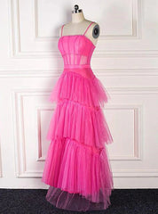 Hot Pink Tulle Spaghetti Straps Tiers Prom Dresses