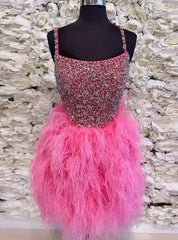 Hot Pink Tulle Straps Feather Beading Homecoming Dresses