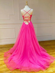 Hot Pink V-neckline Straps Cross Back Party Dresses, Tulle Long Prom Dresses