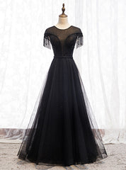 Hot Sale Black Tulle Lace Cap Sleeve Beading Prom Dress