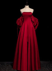 Hot Sale Burgundy Satin Strapless Bow Prom Dresses