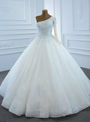 Hottest Items White Tulle One Shoulder Long Sleeve Pearls Wedding Dresses