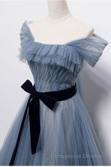 Blue Off the Shoulder Tulle Long Prom Dress with Sash, Sparkly Formal Gown