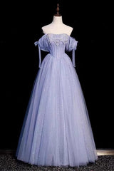 A-line Blue Sweetheart Neck Tulle Long Prom Dresses, Blue Formal Evening Dresses