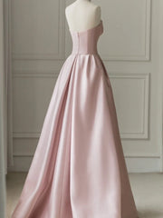 Pink Sleeveless Satin A-Line Floor-Length Prom Dresses Slit with Tulle Strapless