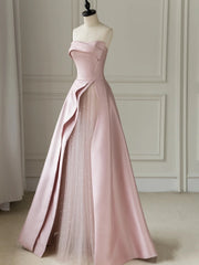 Pink Sleeveless Satin A-Line Floor-Length Prom Dresses Slit with Tulle Strapless