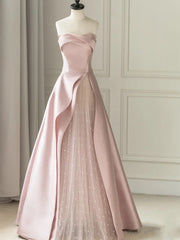 Pink Sleeveless Satin A-Line Floor-Length Prom Dresses Slit with Tulle Strapless