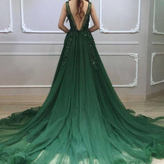 Dark Green Low Back Beaded Lace V-neckline Party Dresses, A-line Prom Dresses