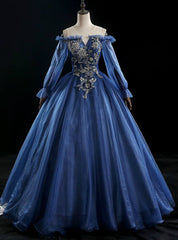 In One Step Navy Blue Ball Gown Tulle Long Sleeve Beading Quinceanera Dresses