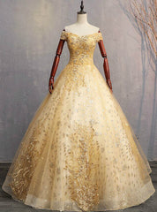 Is Now Available. Gold Ball Gown Tulle Appliques Sequins Off the Shoulder Quinceanera Dresses