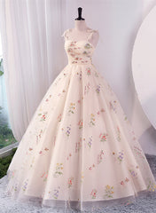 Ivory Floral Tulle Ball Gown Straps Sweet 16 Dress, Ivory Long Party Dress Formal Dress