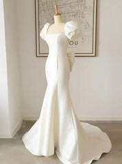 Ivory Mermaid Satin Puff Sleeve Bow Wedding Dresses