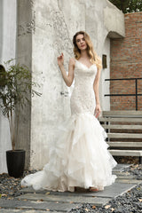 Ivory Mermaid Tulle Lace Appliques V-neck Wedding Dresses with Cascading Ruffles