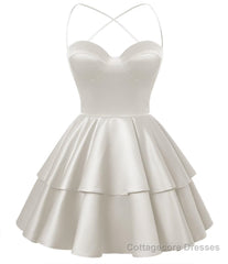 Ivory Satin Homecoming Dress Sweetheart Neck Tiered Short Graduation Dresses