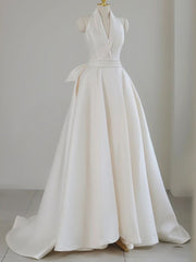 Ivory Satin V-neck Wedding Dresses