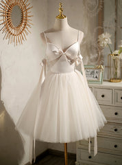 Ivory Tulle Satin Spaghetti Straps Pearls Homecoming Dresses