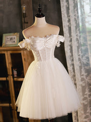 Ivory Tulle Sweetheart with Lace Short Prom Dresses, Ivory Homecoming Dresses