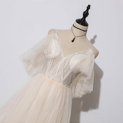 Ivory Tulle V-neckline Straps Off Shoulder Long Evening Dresses, A-line Prom Dresses Party Dresses