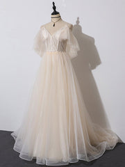 Ivory Tulle V-neckline Straps Off Shoulder Long Evening Dresses, A-line Prom Dresses Party Dresses