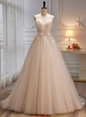 Ivory Tulle with Flowers Straps Prom Dresses, A-line Ivory Party Dresses