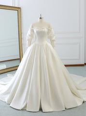 Ivory White Ball Gown Satin Off The Shoulder Puff Sleeve Wedding Dresses