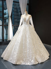 Ivory White Ball Gown Sequins Appliuqes Long Sleeve Backless Wedding Dresses