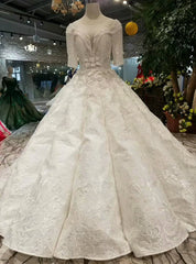 Ivory White Ball Gown Short Sleeve Backless Appliques Beading Wedding Dresses