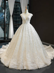 Ivory White Ball Gown Tulle Appliques Backless Cap Sleeve Luxury Wedding Dresses With Pearls