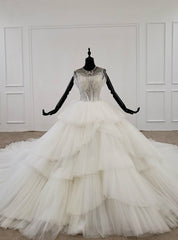 Ivory White Ball Gown Tulle Backless Sleeveless Wedding Dresses With Long Train