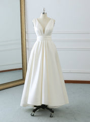 Ivory White Satin Deep V-neck Backless Tea Length Wedding Dresses With Bow