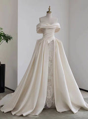 Ivory White Satin Lace Off the Shoulder Wedding Dresses