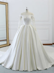 Ivory White Satin Off The Shoulder Long Sleeve Wedding Dresses With Train