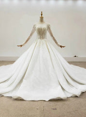 Ivory White Tulle Long Sleeve Handwork Pearls Wedding Dresses