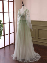 Light Green Tulle Long Sleeve Prom Dress, Green Gradient Floor Length Evening Dress