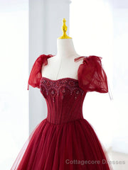 Burgundy Tulle Beaded Long Prom Dress, A-Line Formal Evening Dress