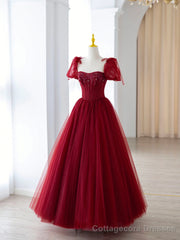 Burgundy Tulle Beaded Long Prom Dress, A-Line Formal Evening Dress