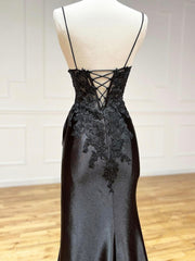 Black V-Neck Satin Lace Long Prom Dress, Black Spaghetti Strap Evening Dress with Slit