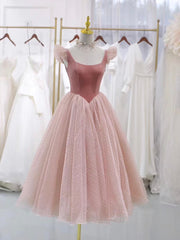 Pink Velvet Tulle Short Prom Dresses, Lovely A-Line Homecoming Party Dresses