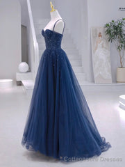 Blue Tulle Beaded Long Formal Dress, Blue Evening Dress