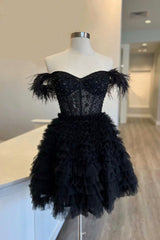 Black Tulle Knee Length Prom Dresses, Black Off Shoulder Evening Dresses